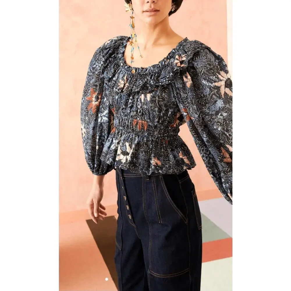 Ulla Johnson Navy Azul Asmara Blouse Floral Bubble Sleeve Blouse Size 6